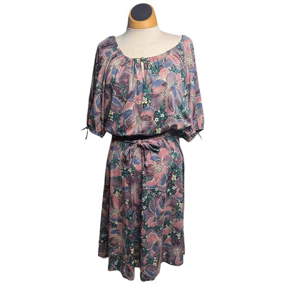 Vtg 1970s Dusty Purple Floral Gathered Sleeve Blouson Top Knee Length Dress 12 - Picture 2 of 5